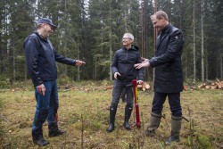 <p> Apple CEO Tim Cook tries his hand at the manual job of planting trees surrounded by Johan Granås, Sustainability Manager Iggesund Paperboard, andHenrik Sjölund, CEO of the Holmen Group. © Iggesund</p> (photo: Brooks Kraft)