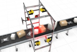 <p>A Cognex Modular Vision Tunnel with 6 DataMan 380 vision systems mounted on a frame, installed over a conveyor belt moving a wide variety of packages.</p> (photo: Hand-out)